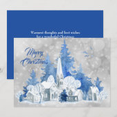 Rustiek Blauwe Kerkbomen Waterverf Kerst Flat Feestdagenkaart (Voorkant / Achterkant)