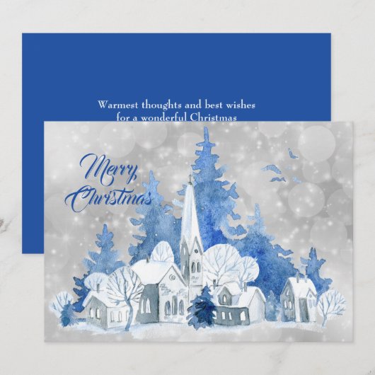 Rustiek Blauwe Kerkbomen Waterverf Kerst Flat Feestdagenkaart (Voorkant / Achterkant)