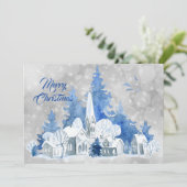 Rustiek Blauwe Kerkbomen Waterverf Kerst Flat Feestdagenkaart (Staand voorkant)