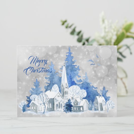 Rustiek Blauwe Kerkbomen Waterverf Kerst Flat Feestdagenkaart (Staand voorkant)