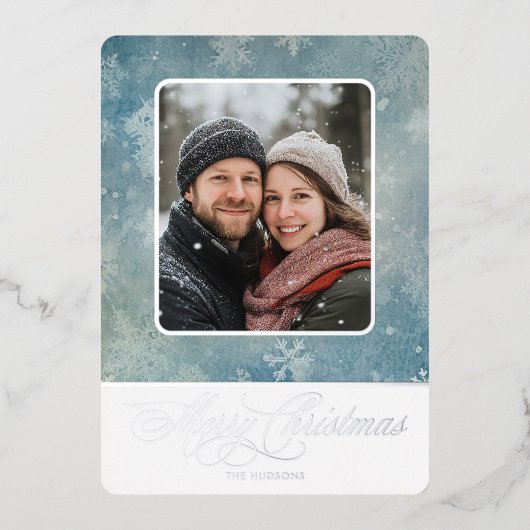 Rustiek Blauwe Sneeuw Foto Winter Kerstmis Folie Feestdagenkaart (Voorkant)