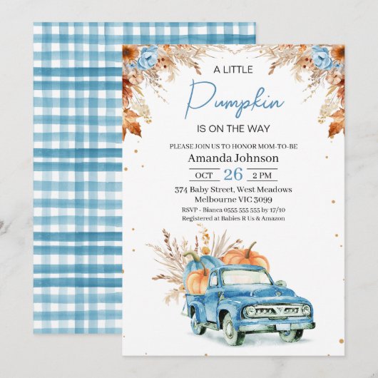 Rustiek Blauwe Waterverf Pompoen Truck Baby shower Kaart (Voorkant / Achterkant)