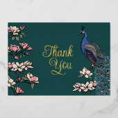 Rustiek Blauwgroen en Gouden Pauw Bedankt Card Folie Uitnodiging (Voorkant)