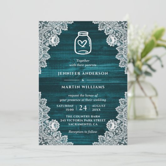 Rustiek Blauwgroen Hout Bloemen Kant Mason Jar Wed Kaart (Staand voorkant)