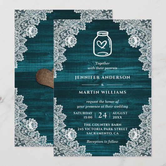 Rustiek Blauwgroen Hout Bloemen Kant Mason Jar Wed Kaart (Voorkant / Achterkant)