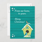 Rustiek Blauwgroen Hout met Kerst Vogelhuis Feestdagenkaart (Voorkant / Achterkant)