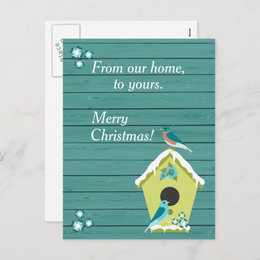 Rustiek Blauwgroen Hout met Kerst Vogelhuis Feestdagenkaart (Voorkant / Achterkant)