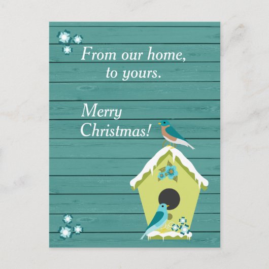 Rustiek Blauwgroen Hout met Kerst Vogelhuis Feestdagenkaart (Voorkant)