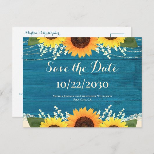 Rustiek Blauwgroen Hout Zonnebloem Bruiloft Save t Briefkaart (Voorkant / Achterkant)