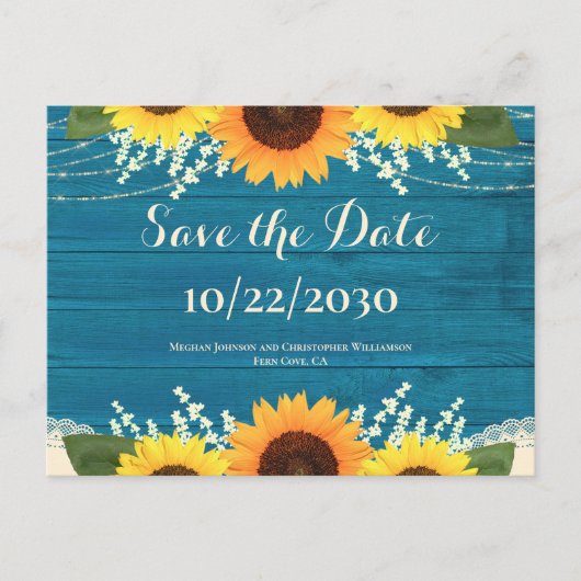 Rustiek Blauwgroen Hout Zonnebloem Bruiloft Save t Briefkaart (Voorkant)