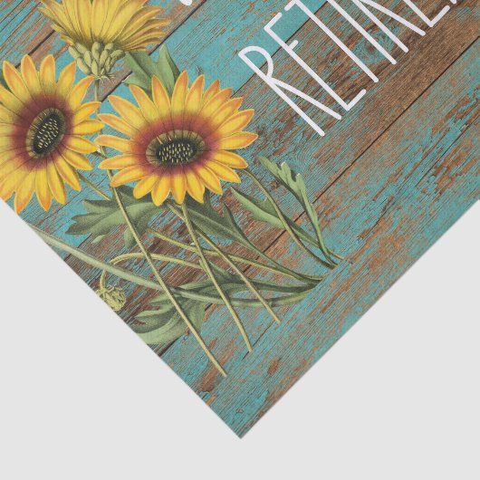 Rustiek Blauwgroen hout Zonnebloemen Pensionering Tissuepapier (Detail)