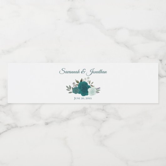 Rustiek Blauwgroen & Turquoise Elegant Rozen Bruil Waterfles Etiket (Enkel label)
