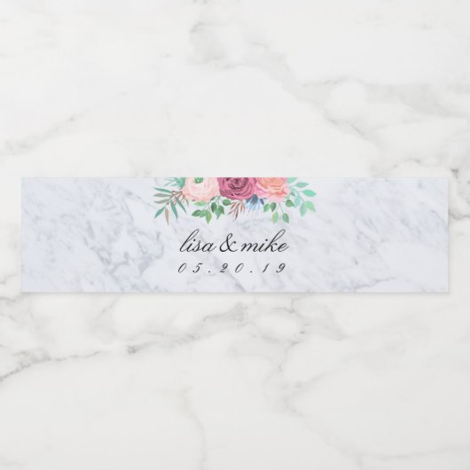 Rustiek Bloemen Bruiloft Marmer Waterfles Etiket (Enkel label)