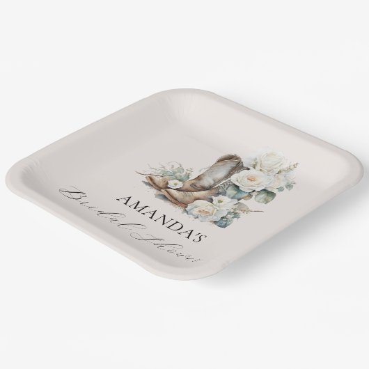 Rustiek Bloemen Cowgirl Boots Vrijgezellenfeest Papieren Bordje (Gebogen)