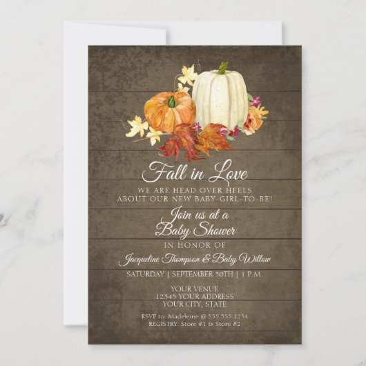 Rustiek Bloemen Hout N Pompoenen Meisje Baby showe Kaart (Voorkant)