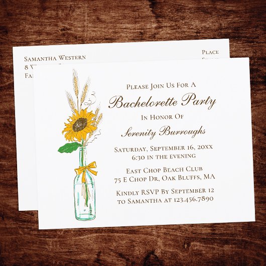 Rustiek Bloemen Land Zonnebloem Bachelorette Party Uitnodiging Briefkaart