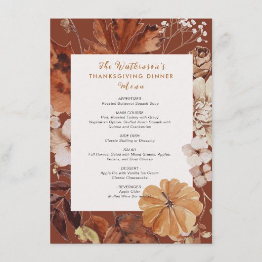 Rustiek Bloemen lijst Thanksgiving Menu (Voorkant)