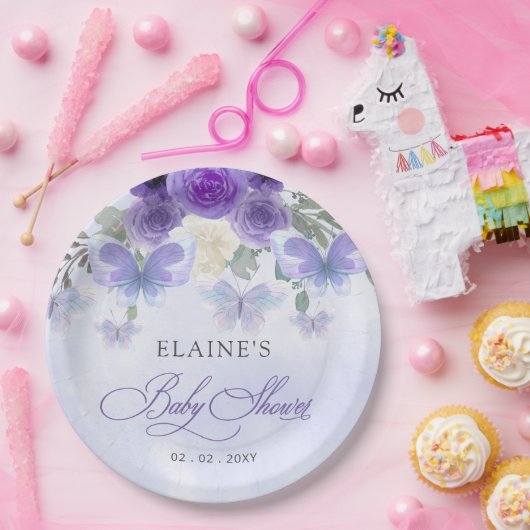 Rustiek Bloemen Paarse Lila Vlinders Baby shower Papieren Bordje (Feest)