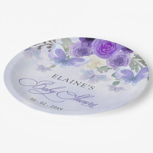 Rustiek Bloemen Paarse Lila Vlinders Baby shower Papieren Bordje (Gekanteld)