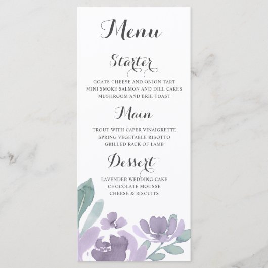 Rustiek Bloemen Paarse Waterverf Bruiloft Menu (Voorkant)