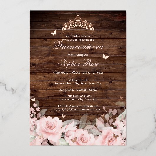 Rustiek Bloemen Roos Gouden Vlinder Quinceanera Folie Uitnodiging (Voorkant)