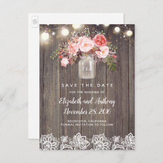 Rustiek Bloemen Roze Save the Date Aankondigingskaart (Voorkant / Achterkant)