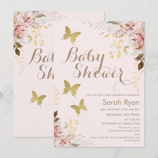 Rustiek Bloemen Roze Vlinders Baby shower Kaart (Voorkant / Achterkant)