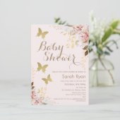 Rustiek Bloemen Roze Vlinders Baby shower Kaart (Staand voorkant)