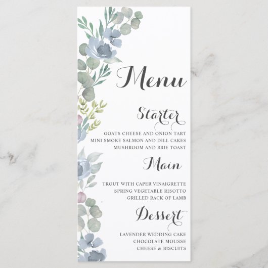 Rustiek Bloemen Stoffig Blauw Waterverf Bruiloft M Menu (Voorkant)
