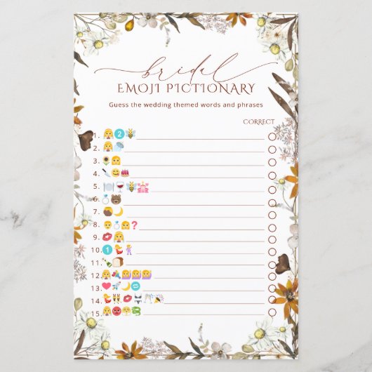 Rustiek Bloemen Vrijgezellenfeest Emoji Pictionary (Voorkant)