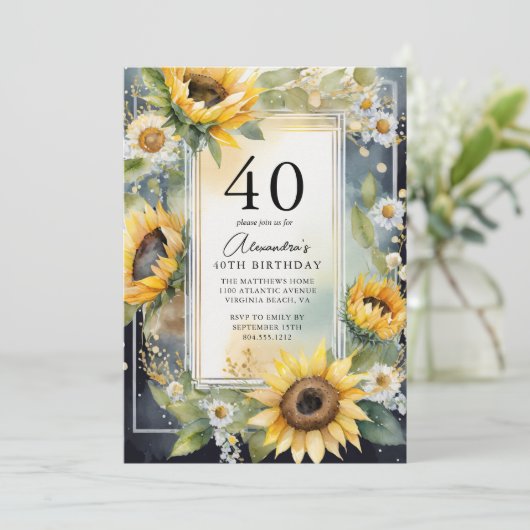 Rustiek Bloemen Zonnebloem Script 40e Verjaardag Kaart (Staand voorkant)