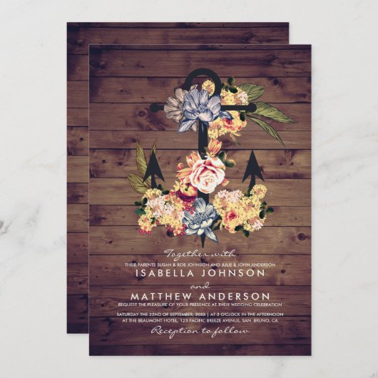 rustiek bloemenanker | Elegant huwelijksfeest Kaart (Voorkant / Achterkant)