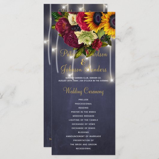 Rustiek bloemenbordeaux krijtbord bruiloft program programmakaart (Voorkant / Achterkant)