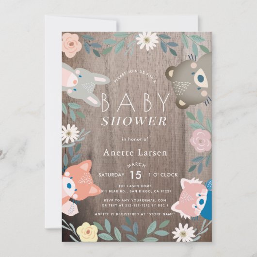 Rustiek Bloemenbos Dieren Roze Baby shower Kaart (Voorkant)