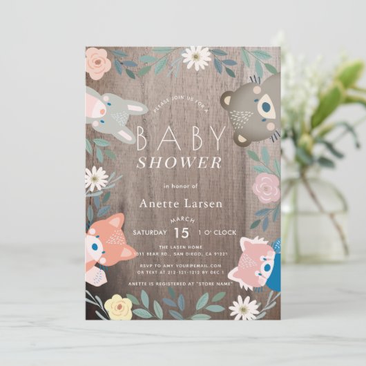 Rustiek Bloemenbos Dieren Roze Baby shower Kaart (Staand voorkant)