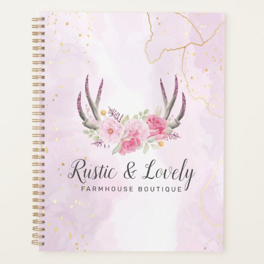 Rustiek Bloemengewei Blush Roze & Goud Marmer Planner (Voorkant)