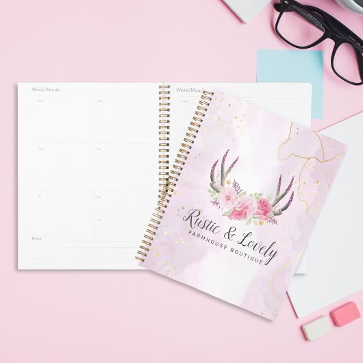 Rustiek Bloemengewei Blush Roze & Goud Marmer Planner