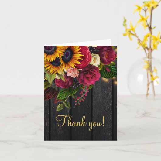 Rustiek bloemenhout elegant gouden script dank u kaart (Gele Bloem)