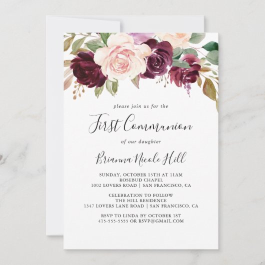 Rustiek bloemig botanisch blad eerste communie kaart (Voorkant)