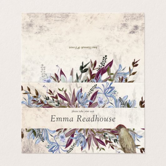 Rustiek bloemig lijst met vogels visitekaartje (Buitenkant ongevouwen)