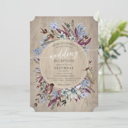 Rustiek bloemig lijst met vogeluitnodiging kaart (Staand voorkant)