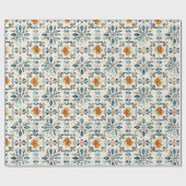 Rustiek bloemtegeltjes inpakpapier, oranje en turq cadeaupapier (Vlak)