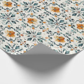Rustiek bloemtegeltjes inpakpapier, oranje en turq cadeaupapier (Hoek)