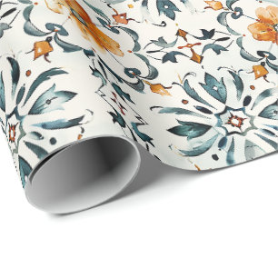 Rustiek bloemtegeltjes inpakpapier, oranje en turq cadeaupapier