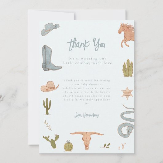 Rustiek Blue Cowboy Baby shower Bedankkaart (Voorkant)