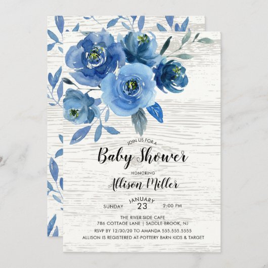 Rustiek Blue Flowers Baby shower Kaart (Voorkant / Achterkant)