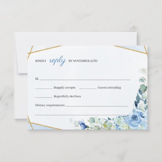 Rustiek BLue Flowers Goud Geometrisch Lijst Bruilo RSVP Kaartje (Voorkant)