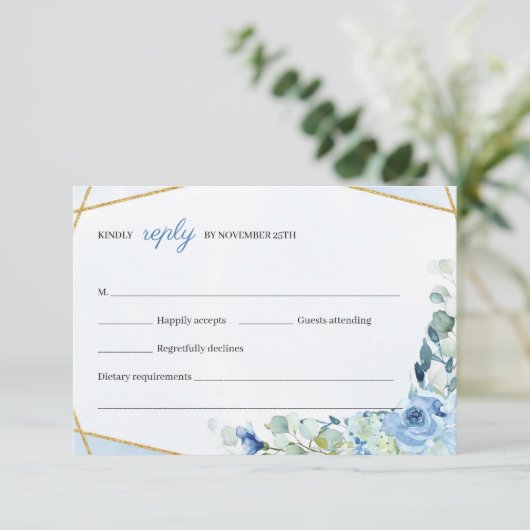 Rustiek BLue Flowers Goud Geometrisch Lijst Bruilo RSVP Kaartje (Staand voorkant)