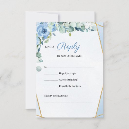 Rustiek BLue Flowers Goud Geometrisch Lijst Bruilo RSVP Kaartje (Voorkant)