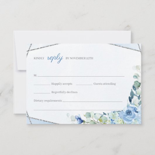 Rustiek BLue Flowers Silver Geometrisch Lijst Brui RSVP Kaartje (Voorkant)